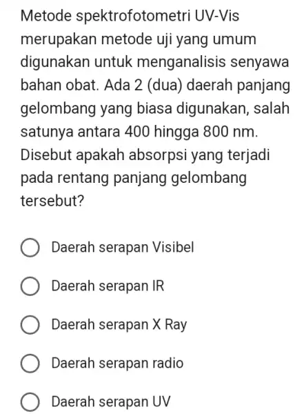 Metode spektrofotometri UV-Vis merupakan metode uji yang umum digunakan untuk menganalisis senyawa bahan obat. Ada 2 (dua) daerah panjang gelombang yang biasa digunakan ,