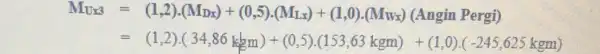 M_(U_(13))=(1,2),(M_(Dx))+(0,5),(M_(Lx))+(1,0),(M_(Vxy))(Angin Pergy) =(1,2),(34,86kgm)+(0,5),(153,63kgm)+(1,0),(-245,625kgm)