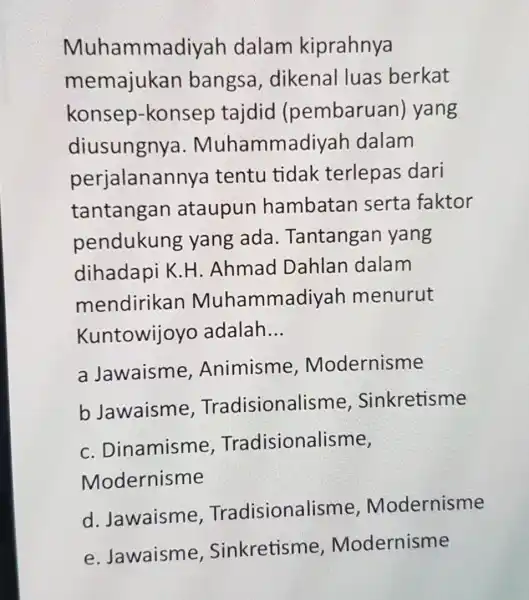 Muhammadiyah dalam kiprahnya memajukan bangsa , dikenal luas berkat konsep -konsep tajdid (pembaruan)yang diusungnya . Muhamma divah dalam perjalanar nva tentu tidak terlepas dari