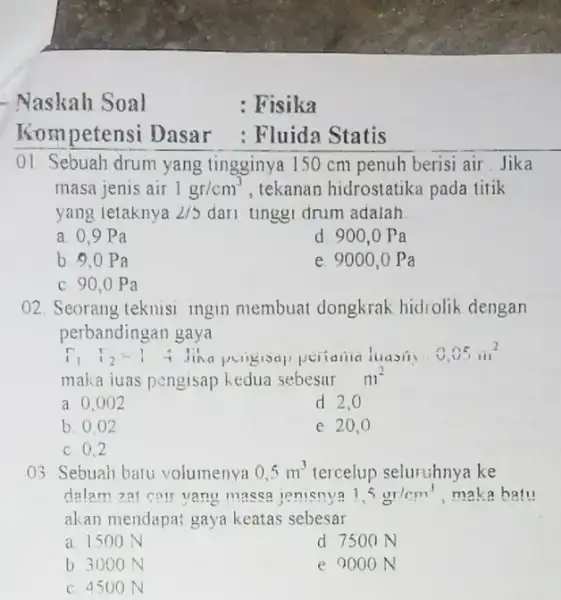 - Naskah Soal Kompetensi Dasar : Fluida Statis 01. Sebuah drum yang tingginya 150 cm penuh berisi air. Jika masa jenis air 1gr/cm^3 ,