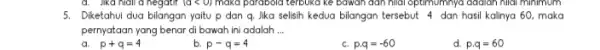 negatif (alt 0) parabold optimumnya minimum 5. Diketahui dua bilangan yaitu p dan q. Jika selisih kedua bilangan tersebut 4 dan hasil kalinya 60