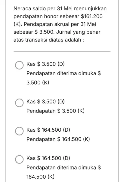 Neraca saldo per 31 Mei menunjukkan pendapatan honor sebesar 161.200 (K) . Pendapatan akrual per 31 Mei sebesar 3.500 . Jurnal yang benar atas