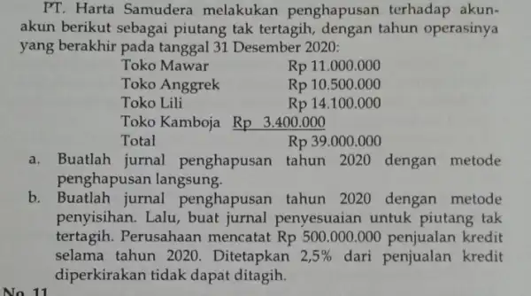 No 11 PT. Harta Samudera melakukan penghapusan terhadap akun- akun berikut sebagai piutang tak tertagih , dengan tahun operasinya yang berakhir pada tanggal 31