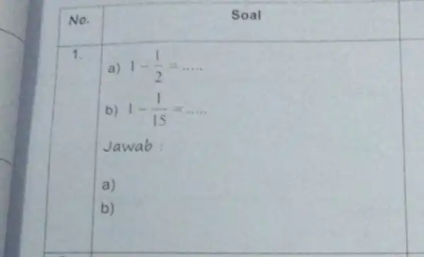 No. Soal 1. a) 1-(1)/(2)=ldots ldots b) 1-(1)/(15)=ldots ldots Jawab a) b)