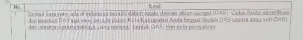 No. Sost Semua kota yang ada di Indonesa berada dalam suatu daecah alitan sungai (DAS) Coba Anda identifikasi dan jelaskan DAS apa yang berada