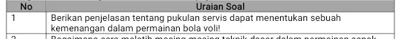 No Uraian Soal 1 Berikan penjelasan tentang pukulan servis dapat menentukan sebuah kemenangan dalam permainan bola voli!