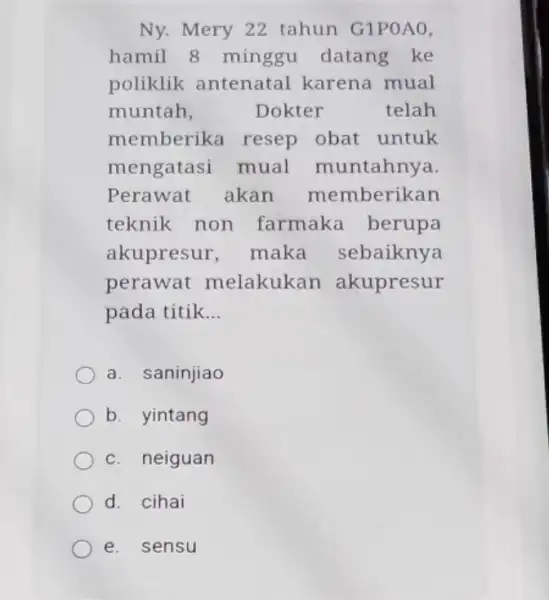 Ny. Mery 22 tahun G1POAO, hamil 8 minggu datang ke poliklik antenatal karena mual muntah, Dokter telah memberika resep obat untuk mengatasi mual muntahnya.