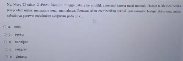 Ny. Mery 22 tahun GIPOAO, hamil 8 minggu datang ke poliklik antenatal karena mual muntah, Dokter telah memberika resep obat untuk mengatasi mual muntahnya