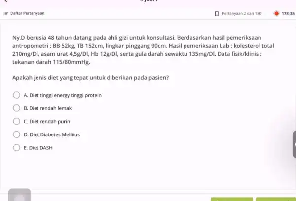 Ny.D berusia 48 tahun datang pada ahli gizi untuk konsultasi. Berdasarkan hasil pemeriksaan antropometri : BB 52kg, TB 152cm, lingkar pinggang 90cm Hasil pemeriksaan