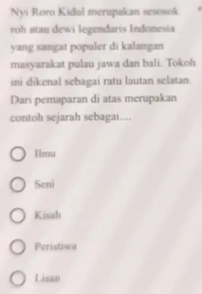 Nyi Roro Kidul merupakan sesosok roh atau dewi legendaris Indonesia yang sangat populer di kalangan masyarakat pulau jawa dan bali. Tokoh ini dikenal sebagai