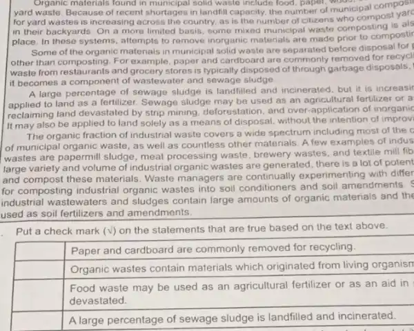 Organic materials found in solid waste include food paper yard waste. Because of recent shortages in landhil capacity, the number of municipal composi for