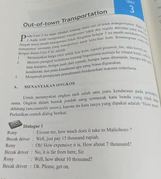 Out-of-town Transportation tema out of lown aktivitation Pada i. lokal dan segala ada Unit 3 ini akan dajari transportasiatan belajar 3 ini masih membah