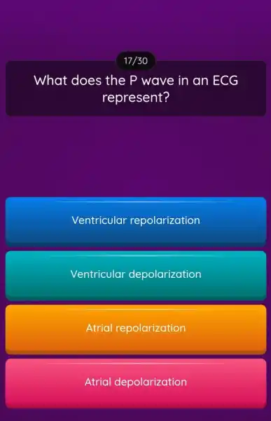 What does the P wave in an ECG represent? Ventricular repolarization Ventricular depolarization Atrial repolarization Atrial depolarization