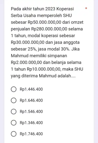 Pada akhir tahun 2023 Koperasi Serba Usaha memperoleh SHU sebesar Rp50.000.000,00 dari omzet penjualan Rp280 .000.000,00 selama 1 tahun modal koperasi sebesar Rp30.000 .000,00