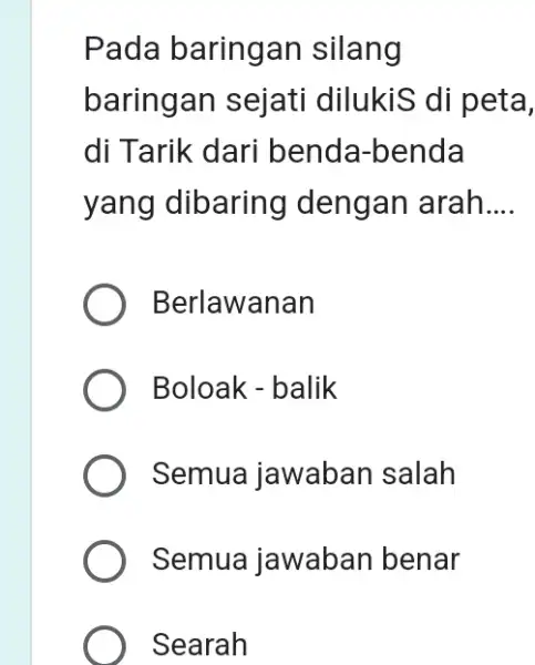 Pada baringan silang baringan sejati dilukis di peta, di Tarik dari benda-benda yang dibaring I dengan arah __ Berlawanan Boloak - balik Semua jawaban