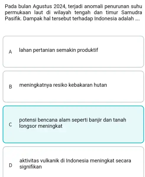 Pada bulan Agustus 2024, terjadi anomali penurunar I suhu permukaan I laut di wilayah tengah dan timur Samudra Pasifik . Dampak hal tersebut terhadap