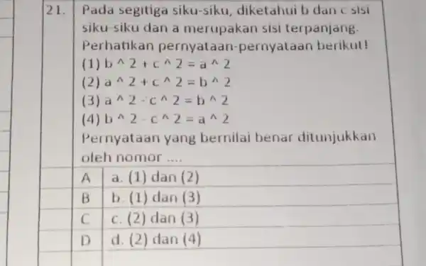 Pada segitiga siku-siku diketahui b dan c sisi siku-siku dan a merupakan sisi terpanjang. Perhatikan pernyataan-pernyataan berikut! (1) b^wedge 2+c^wedge 2=a^wedge 2 (2) a^wedge