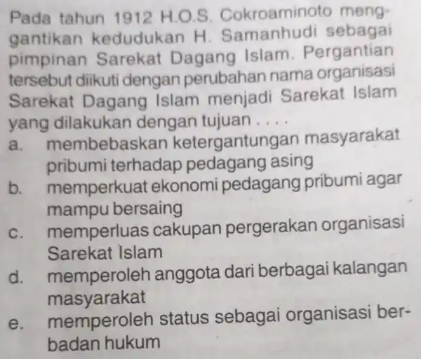 Pada tahun 1912 H . O.S . Cokroamir oto meng- gantikan k edudukan H Samanhudi sebagai pimpin an Sarekat Dagang Islam.Pe rgantian tersebut diikuti