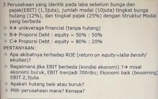 pajak(EBIT) (1,5juta ), jumlah modal (10juta ) tingkat bunga 3 Perusahaan yang identik pada laba sebelum bunga dan hutang (12% ) dan tingkat pajak