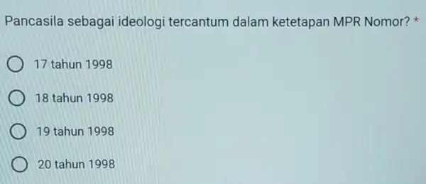 Pancasila sebagai ideologi tercantum dalam ketetapan MPR Nomor? 17 tahun 1998 18 tahun 1998 19 tahun 1998 20 tahun 1998