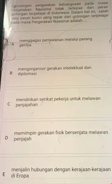 Parjuangan pergerakan kebangsaan pada masa Pergerakan Nasional tidak terlepas dari peran golongan terpelajar di Indonesia Dalam hal ini, salah satu peran dari golongan terpelajar