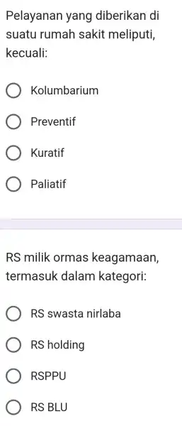 Pelayanan yang diberikan di suatu rumah sakit meliputi, kecuali: Kolumbarium Preventif Kuratif Paliatif RS milik ormas keagamaan, termasuk dalam kategori: RS swasta nirlaba RS