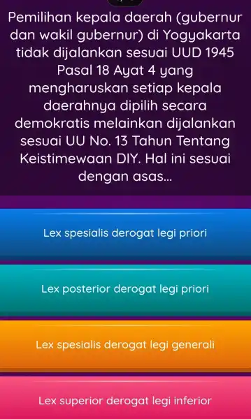 Pemilihan kepala daerah (gubernur dan wakil gubernur)di Yogyakarta tidak dijalankan sesuai UUD 1945 Pasal 18 Ayat 4 yang mengharu skan setiap kepala daerahnya dipilih