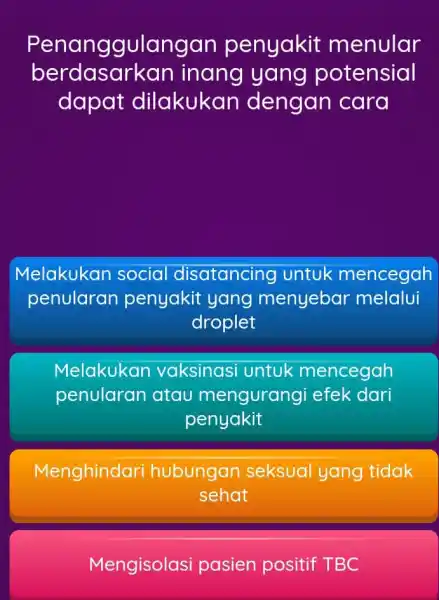 Penanggulangan penyakit menular berdasark an inang yang potensial dapat dilakukan dengan cara Melakukan social disatancing cing untuk mencegah penularan penyakit yang menyebar melalui droplet