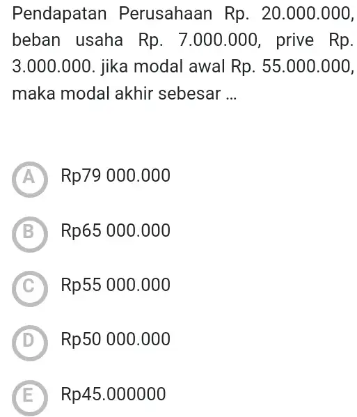 Pendapatan Perusahaan Rp.20.000.000 beban usaha Rp.7.000.000 prive Rp. 3.000.000 . jika modal awal Rp.55.000.000 maka modal akhir sebesar __ A Rp79000.000 B Rp65000.000 C