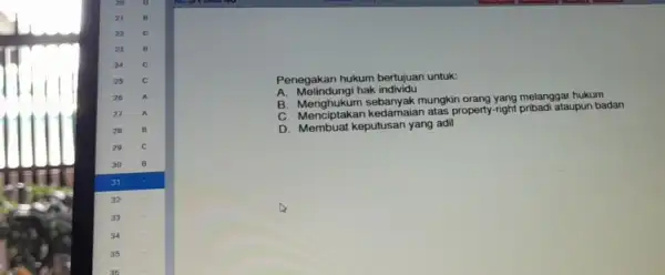 Penegakan hukum bertujuan untuk: A. Melindungi hak individu B. Menghukum mungkin orang yang melanggar hukum B. Mendiplakan kedamalan atas property-right pribadi ataupun badan D.