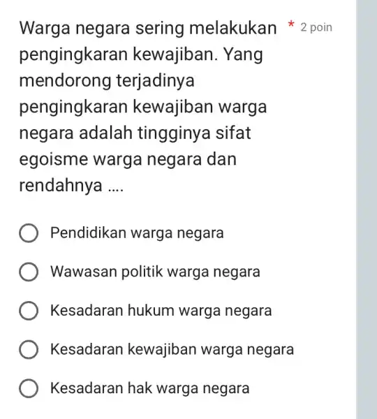 pengingkaran kewajiban. Yang mendoro ng terjadinya pengingkara n kewajiban warga negara adalah tin gginya sifat egoisme warga ne gara dan rendahnya __ Pendidikan warga