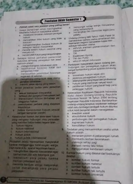 Penilaian Akhir Semester 1 1. Pilihlah salah satu jawaban yang paling benar! pemerintah untuk meningkatkan kesadaran hukum di masyarakat adalah __ kesimelakukan tindakan melawan