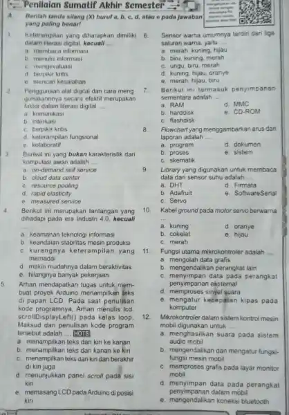 Penilaian Sumatif Akhir 8emester Berilah tanda silang (X)huruf a, b, c, d, atau e pada jawaban yang paling benar! Keterampilan yang diharapkan dimiliki dalam