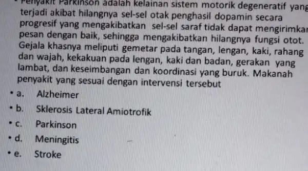 Penyakit Parkinson adalah kelainan sistem motorik degeneratif yang terjadi akibat hilangnya sel-sel otak penghasil dopamin secara progresif yang mengakibatkan sel-sel saraf tidak dapat mengirimka