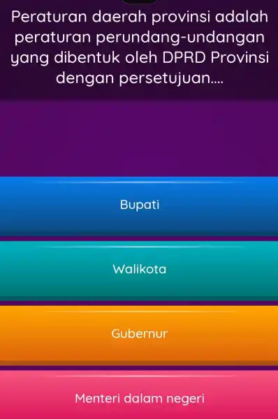 Peraturan daerah provinsi adalah peraturan perundang -undangan yang dibentuk oleh DP R D Provinsi dengan persetujuan __ Bupati Walikota Gubernur Menteri dalam negeri