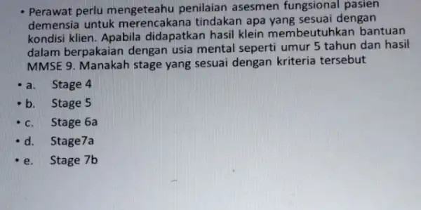 Perawat perlu mengeteahu penilaian asesmen fungsional pasien demensia untuk tindakan apa yang sesuai dengan kondisi klien. Apabila didapatkan hasil klein membeutuhkan bantuan dalam berpakaian