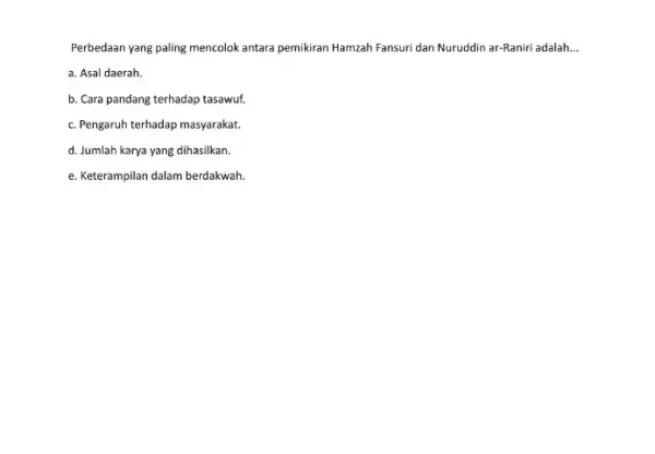 Perbedaan yang paling mencolok antara pemikiran Hamzah Fansur dan Nuruddin ar-Raniri adalah __ a. Asal daerah. b. Cara pandang terhadap tasawuf. c. Pengaruh terhadap