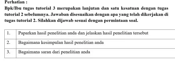 Perhatian : Bpk/Ibu tugas tutorial 3 merupakan lanjutan dan satu kesatuan dengan tugas tutorial 2 sebelumnya Jawaban disesuaikan dengan apa yang telah dikerjakan di