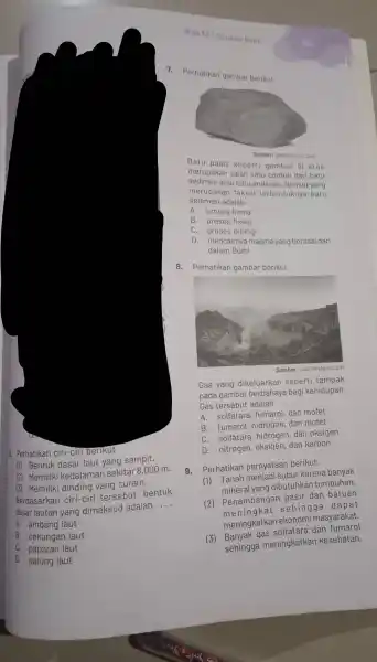 a. Perhatikan ciri-ciri berikut (1) Bentuk dasar laut yang sempit. (2) Memiliki kedalaman sekitar 8.000 m. (3) Memiliki dinding yang curam. Berdasarkan ciri-ciri tersebut