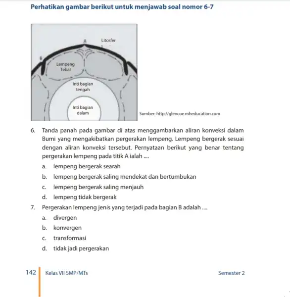 Perhatikan gambar berikut untuk menjawab soal nomor 6-7 square Sumber: http://glencoe.mheducation .com 6. Tanda panah pada gambar di atas menggambarkan aliran konveksi dalam Bumi