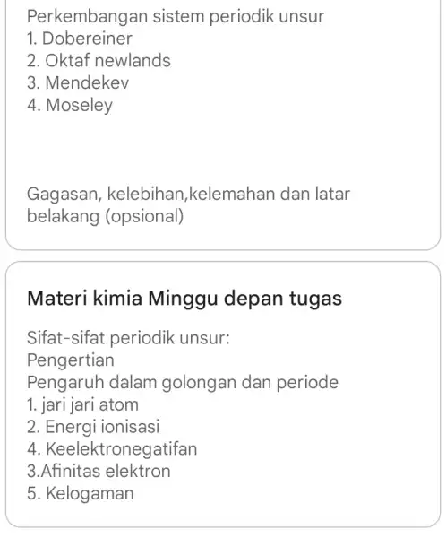 Perkembang an sistem periodik unsur 1. Dobereiner 2. Oktaf newlands 3. Mendekev 4. Moseley Gagasan , kelebihan,,kelemahan dan latar belakang (opsional) Materi kimia Minggu