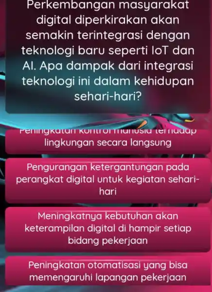 Perkembangan masyarakat digital diperkirakan akan semakin terintegrc usi dengan teknologi baru seperti loT dan Al. Apa dampak dari integrasi teknologi ini dalam kehidupan sehari-hari?