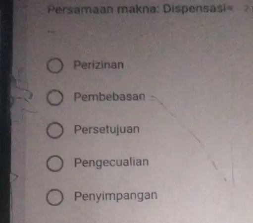 Persamaan makna: Dispensasi=2 Perizinan Pembebasan Persetujuan Pengecualian Penyimpangan