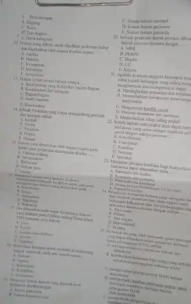 A. Perseorangan B Dagang c Waris D. Tata negara E. Harta kekayaan 12. Norma yang dibuat untuk dijadikan pedoman hidup dan dipaksakan oleh negara