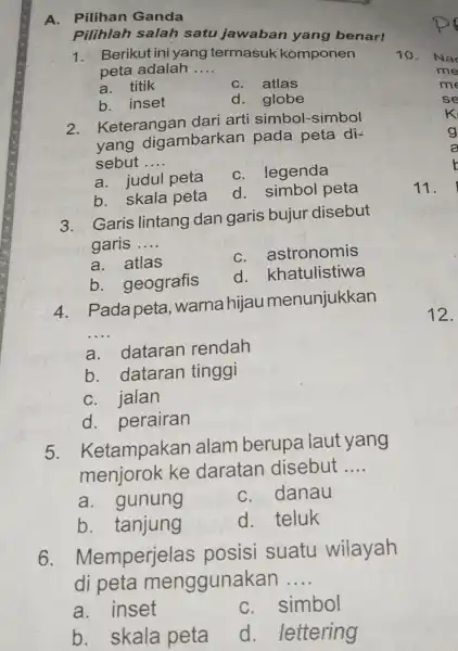 A. Pilihan Ganda Pilihlah salah satu jawaban yang benar! 1. Berikut ini yang termasuk komponen peta adalah __ a. titik C. atlas b. inset