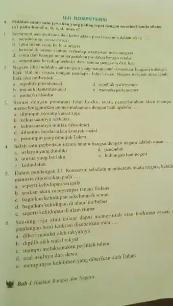 A. Pilihlah salah sat C. dianyang pating tepat dengan memberi tanda silang (x) pada huruf a, b.C. d, atau e? UJI KOMPETENSI 1. Semangat