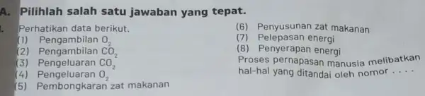 A. Pilihlah salah satu jawaban yang tepat. Perhatikan data berikut. (1) Pengambilan O_(2) (2) Pengambilan CO_(2) (3) Pengeluaran CO_(2) (4) Pengeluaran O_(2) (5) Pembongkaran