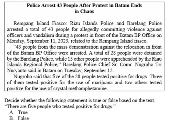 Police Arrest 43 People After Protest in Batam Ends in Chaos Rempang Island Fiasco:Riau Islands Police and Barelang Police arrested a total of 43