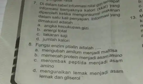 ponguat rasa informasi bernyaknya katan tersebut. informasi tabel informasi nilai (kkal)yang diperoleh banyaknya kalori (khakanan dalam satu kali penyajian informasi yang dimaksud adalah __