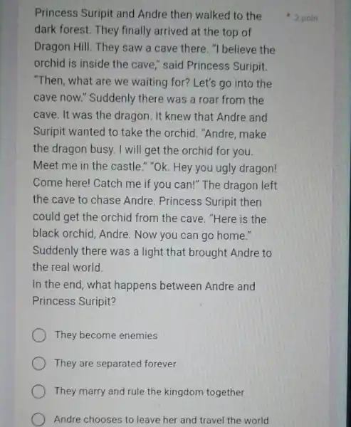 Princess Suripit and Andre then walked to the dark forest. They finally arrived at the top of Dragon Hill. They saw a cave there.